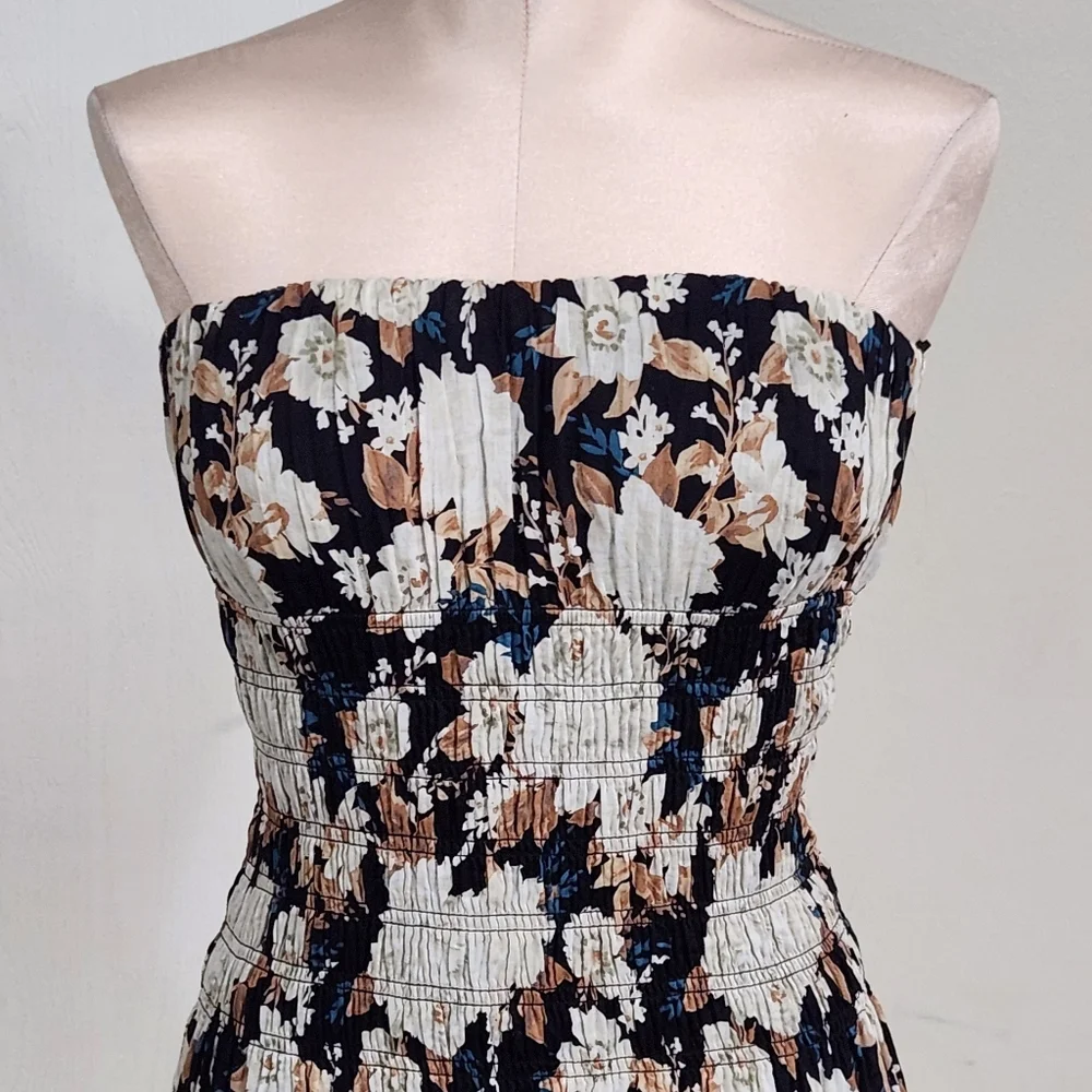 Abercrombie & Fitch Black Floral Strapless Maxi Dress
